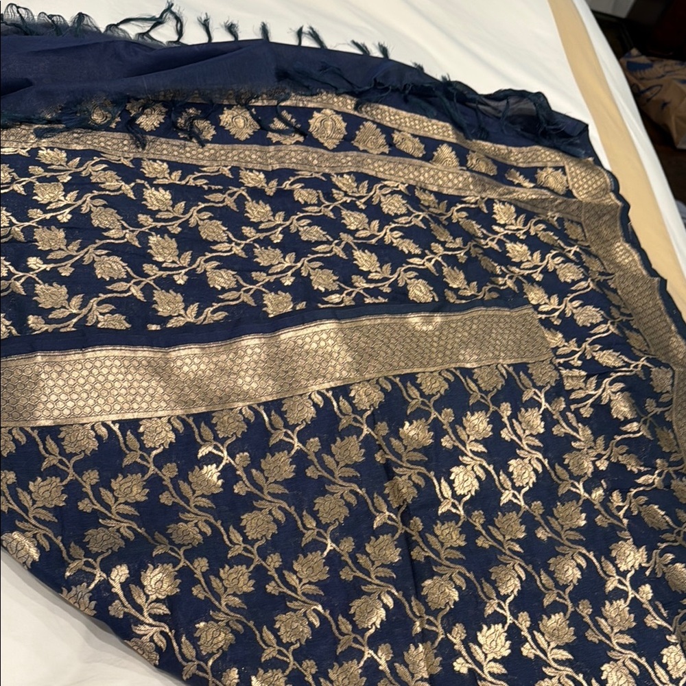 Navy Blue Shawl with Gold Floral Embroidery